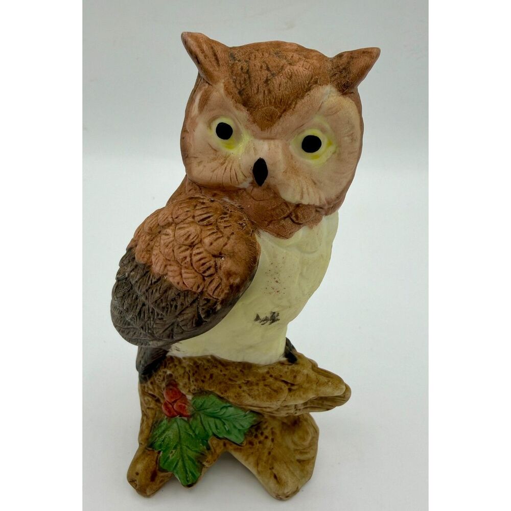 Vintage Ceramic Owl Hand Painted Holly Berries